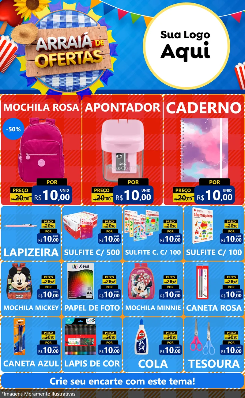 Modelo de Encarte para Encarte Grande com o tema Arraiá de Ofertas para Papelaria