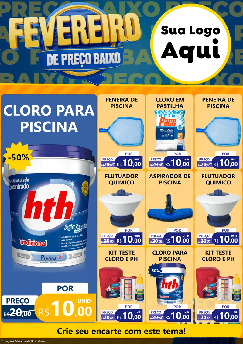Modelo de Encarte para Encarte A4 Vertical com o tema Fevereiro de Preço Baixo para Produtos para Piscina