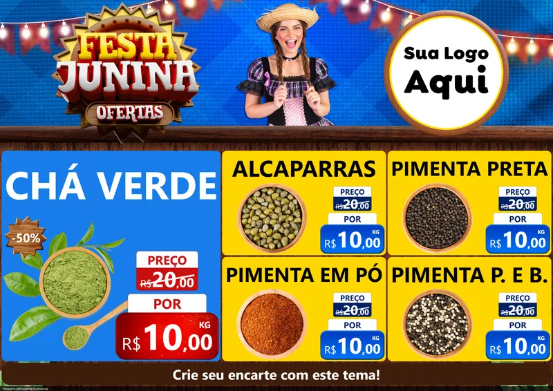 Modelo de Encarte para Encarte A4 Horizontal com o tema Festa Junina Ofertas para Produtos Naturais