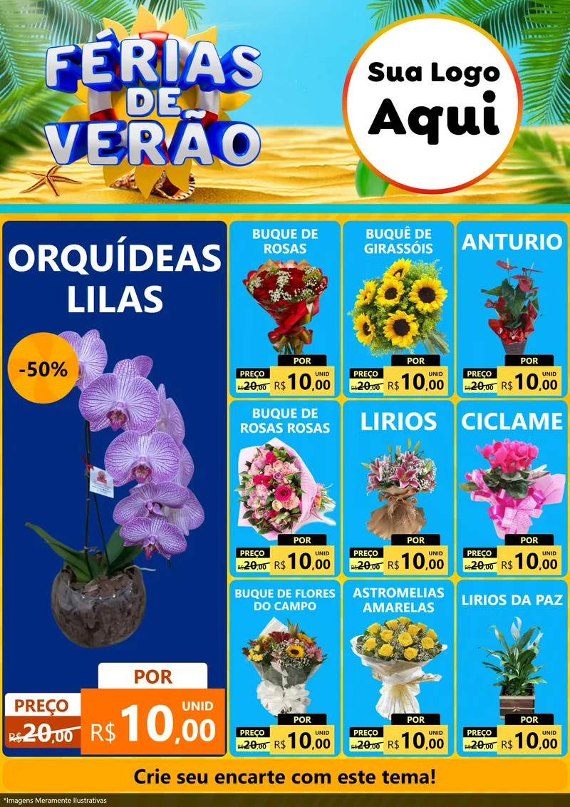 Modelo de Encarte para Encarte A4 Vertical com o tema Férias de Verão para Floricultura e jardim