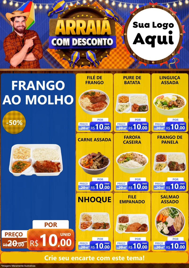 Modelo de Encarte para Encarte A4 Vertical com o tema Arraiá Com Desconto para Restaurante