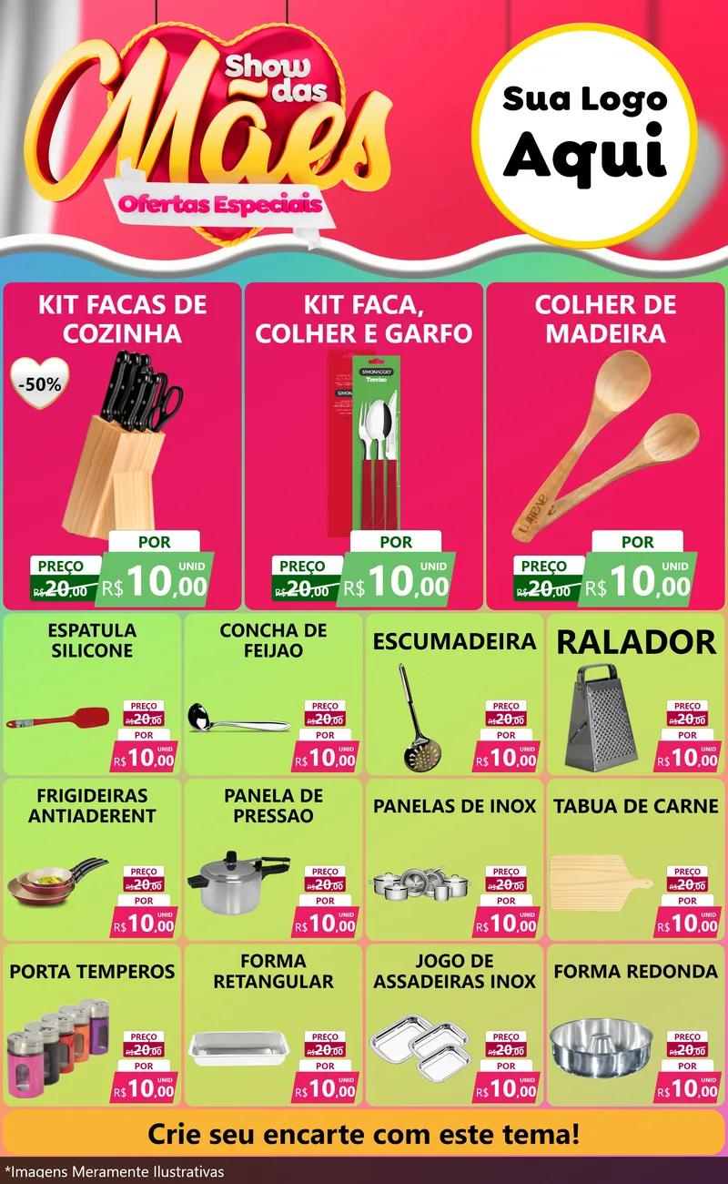 Modelo de Encarte para Encarte Grande com o tema Show das Mães - Ofertas Especiais para Utilidades Domésticas