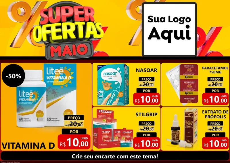 Modelo de Encarte para Encarte A4 Horizontal com o tema Super Ofertas Maio para Farmácia