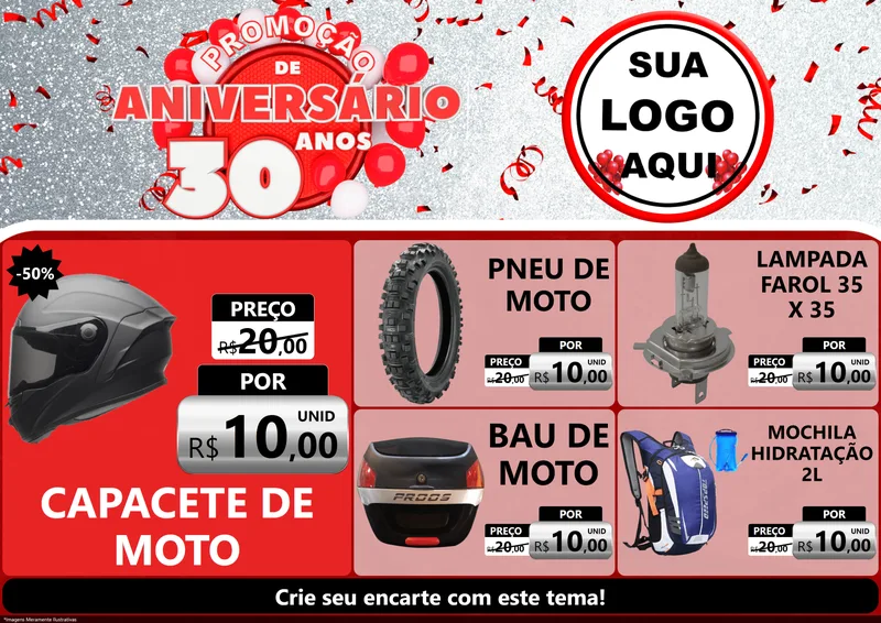 Modelo de Encarte para Encarte A4 Horizontal com o tema Promoção de Aniversário - 30 Anos para Moto peças