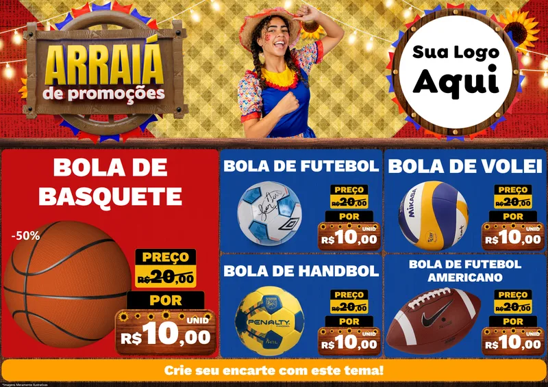 Modelo de Encarte para Encarte A4 Horizontal com o tema Arraiá de Promoções para Artigos Esportivos