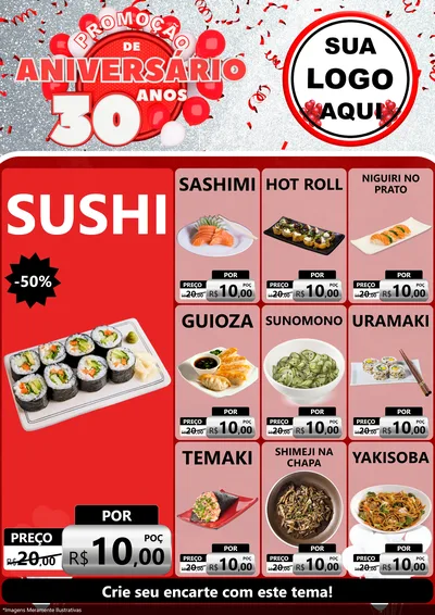 Modelo de Encarte para Encarte A4 Vertical com o tema Promoção de Aniversário - 30 Anos para Comida japonesa
