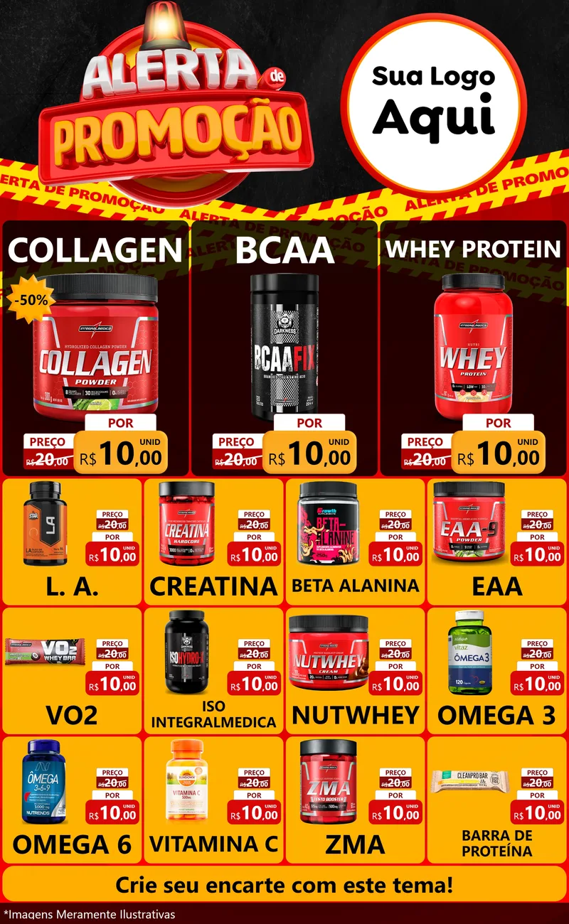 Modelo de Encarte para Encarte Grande com o tema Alerta de Promoção para Suplementos alimentares