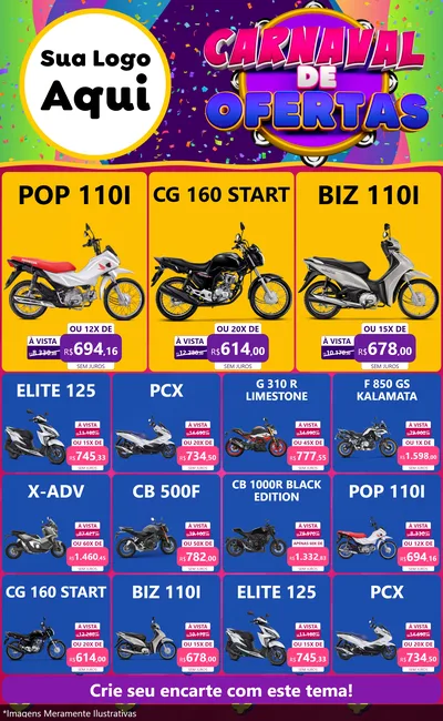 Modelo de Encarte para Encarte Grande com o tema Carnaval de Ofertas para Concessionaria de Motos