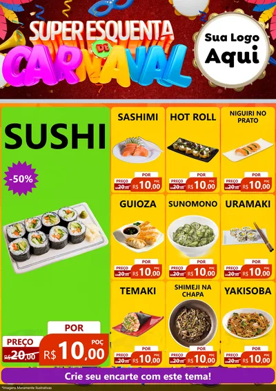 Modelo de Encarte para Encarte A4 Vertical com o tema Super Esquenta de Carnaval para Comida japonesa