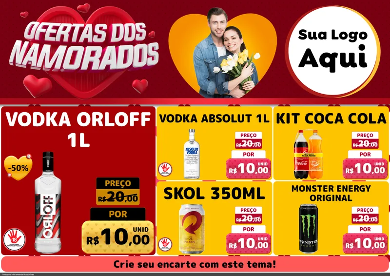 Modelo de Encarte para Encarte A4 Horizontal com o tema Ofertas Dos Namorados para Distribuidora de bebidas