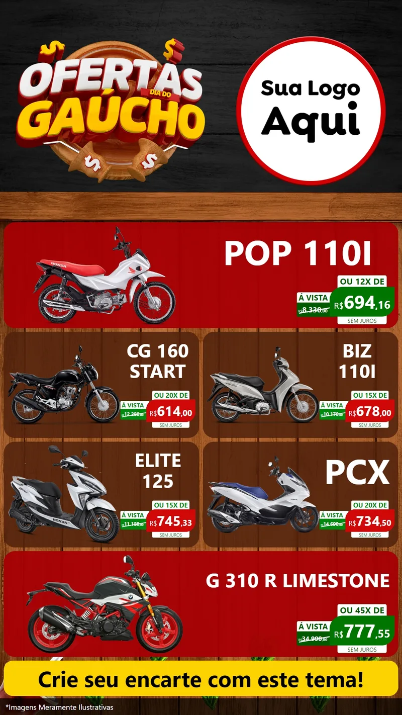 Modelo de TV para TV Vertical com o tema Ofertas Dia do Gaúcho para Concessionaria de Motos