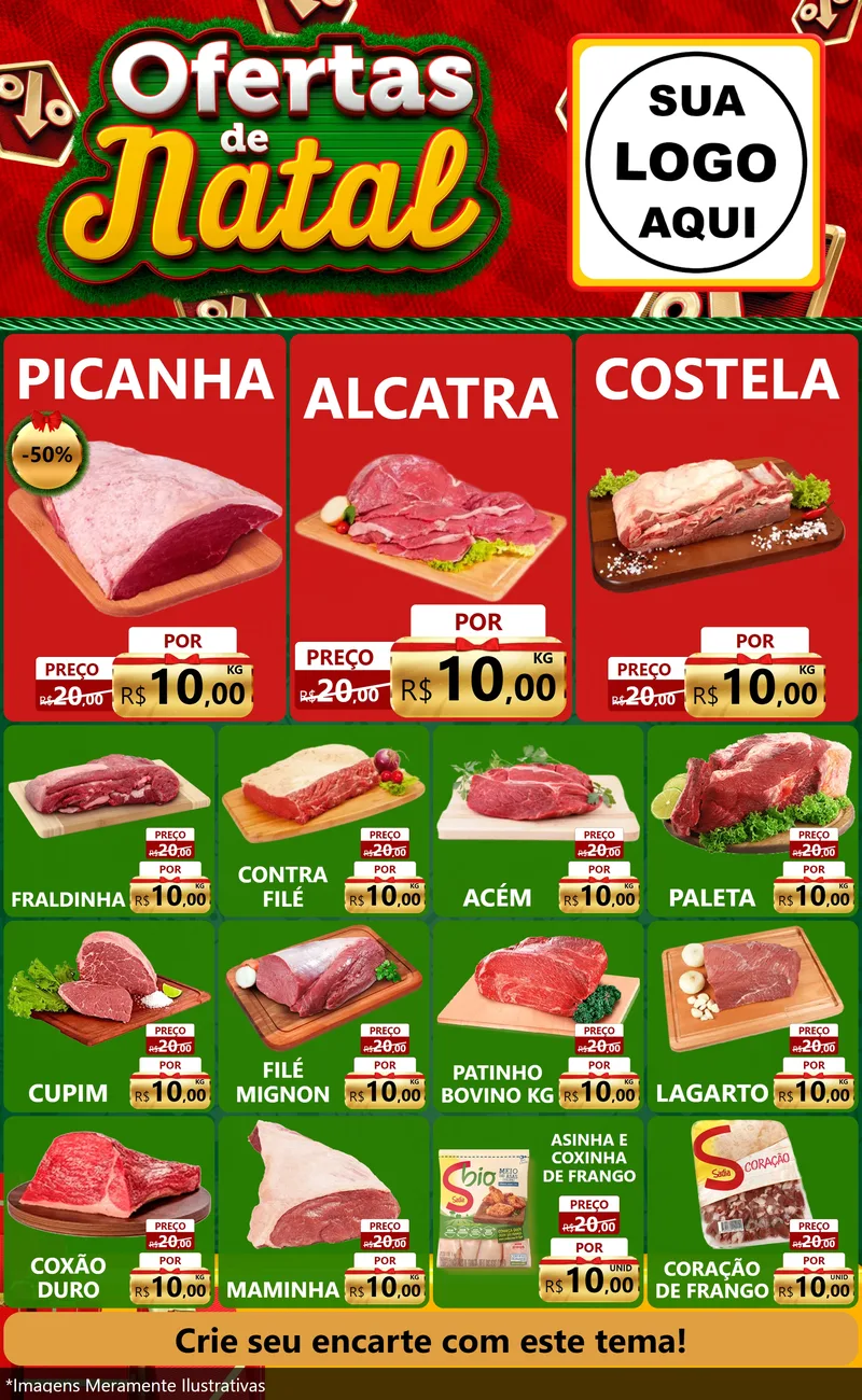 Modelo de Encarte para Encarte Grande com o tema Ofertas de Natal para Açougue