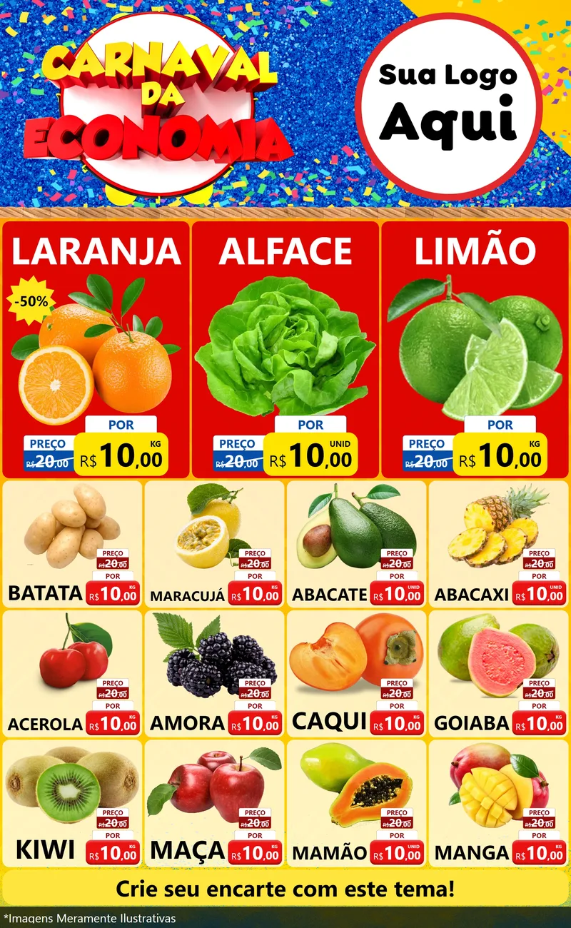 Modelo de Encarte para Encarte Grande com o tema Carnaval da Economia para Hortifrúti