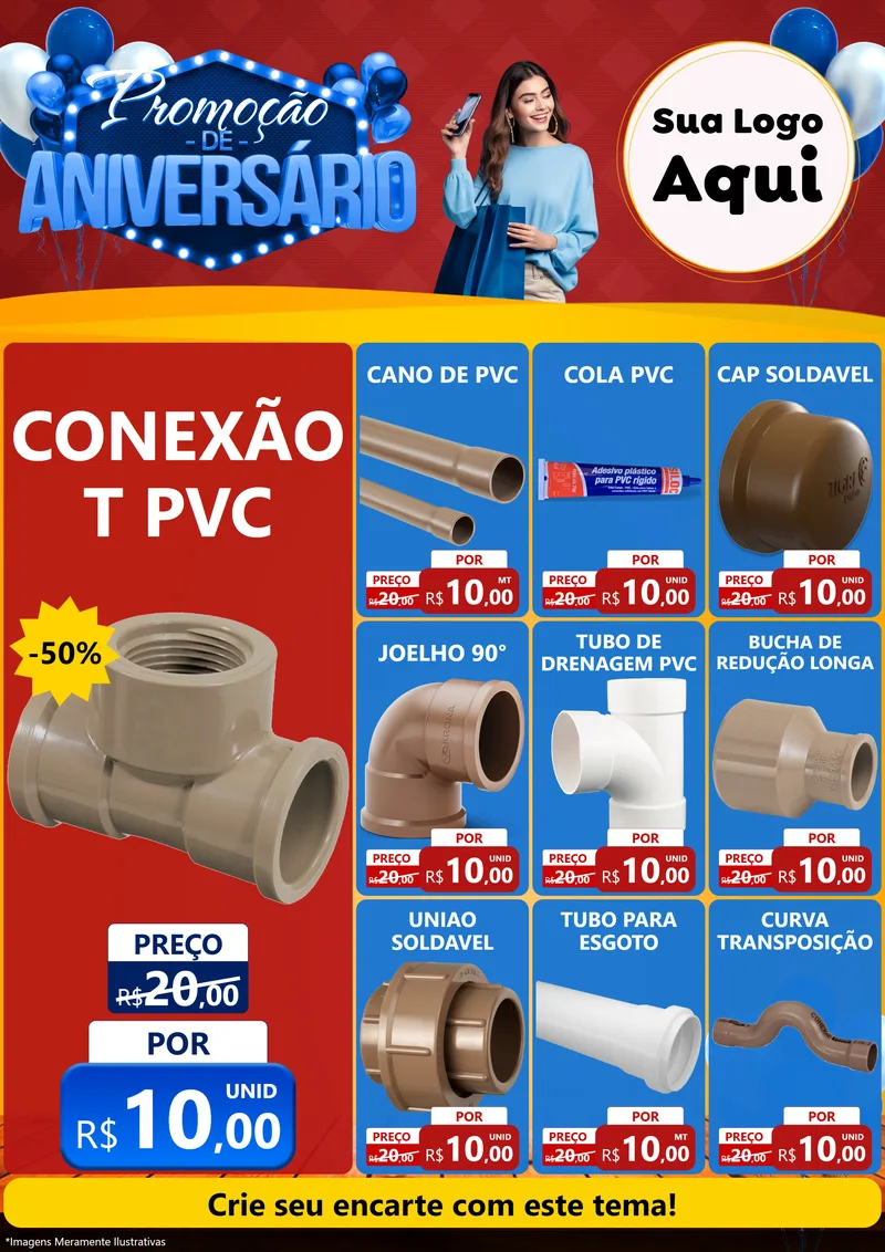 Modelo de Encarte para Encarte A4 Vertical com o tema Promoção de Aniversário para Tubos e conexões