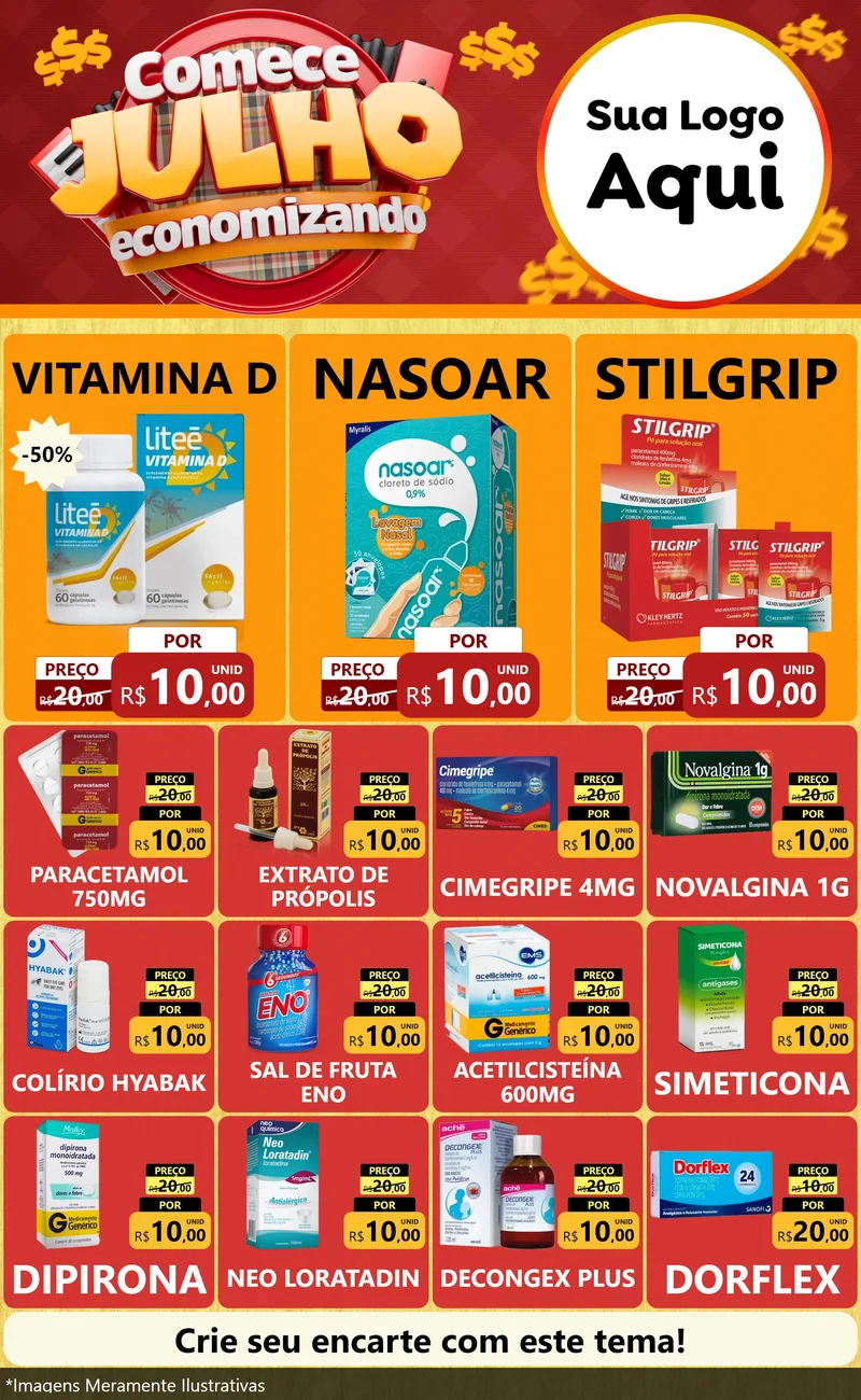 Modelo de Encarte para Encarte Grande com o tema Comece Julho Economizando para Farmácia