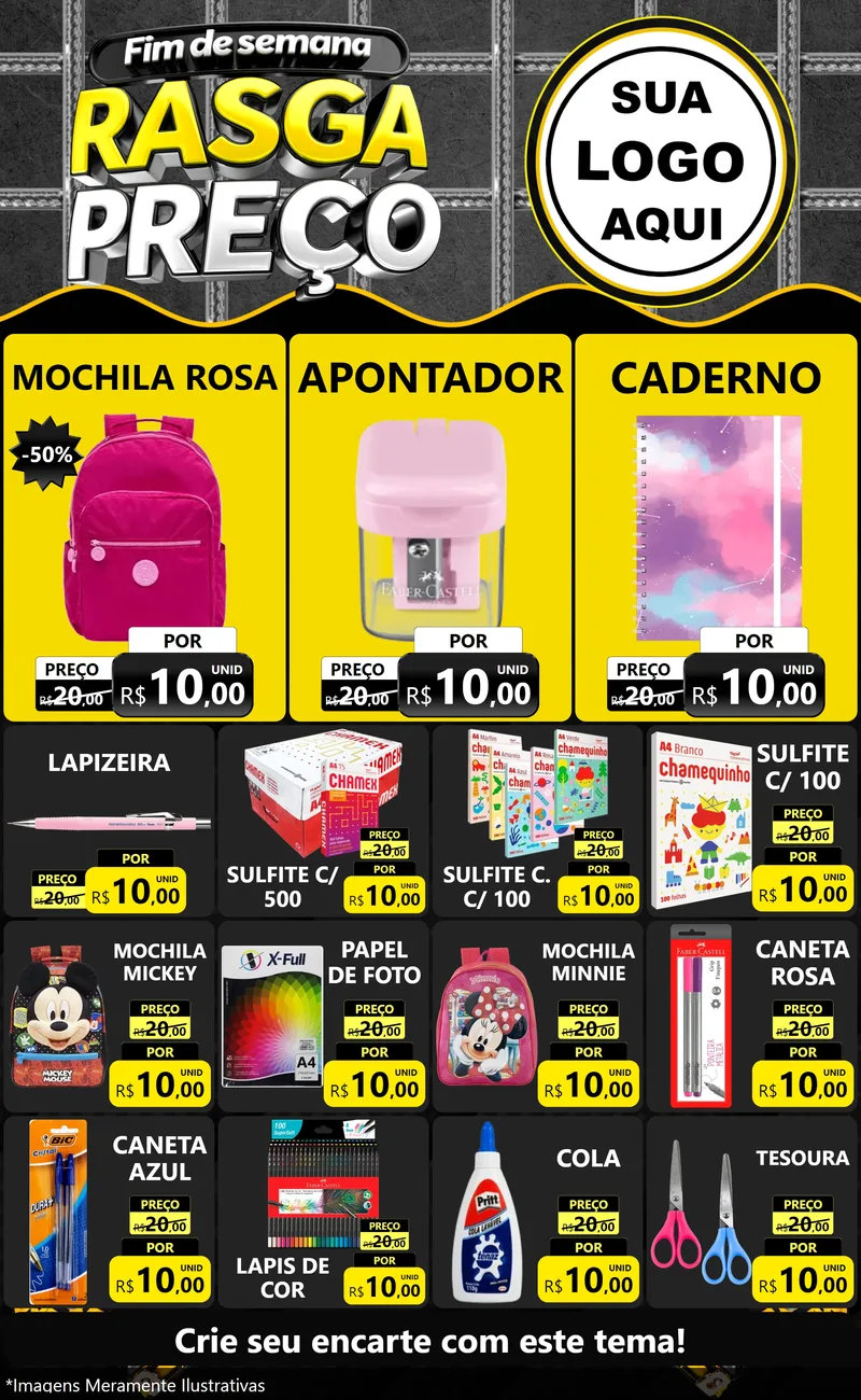 Modelo de Encarte para Encarte Grande com o tema Fim de Semana Rasga Preço para Papelaria