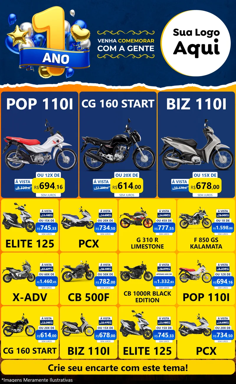 Modelo de Encarte para Encarte Grande com o tema Um Ano de Aniversário para Concessionaria de Motos
