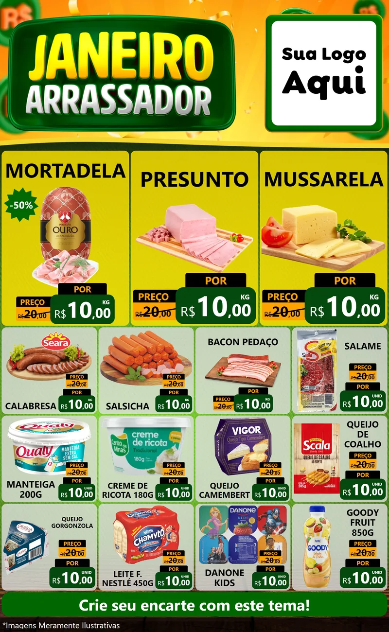Modelo de Encarte para Encarte Grande com o tema Janeiro Arrasador para Frios e Laticínios