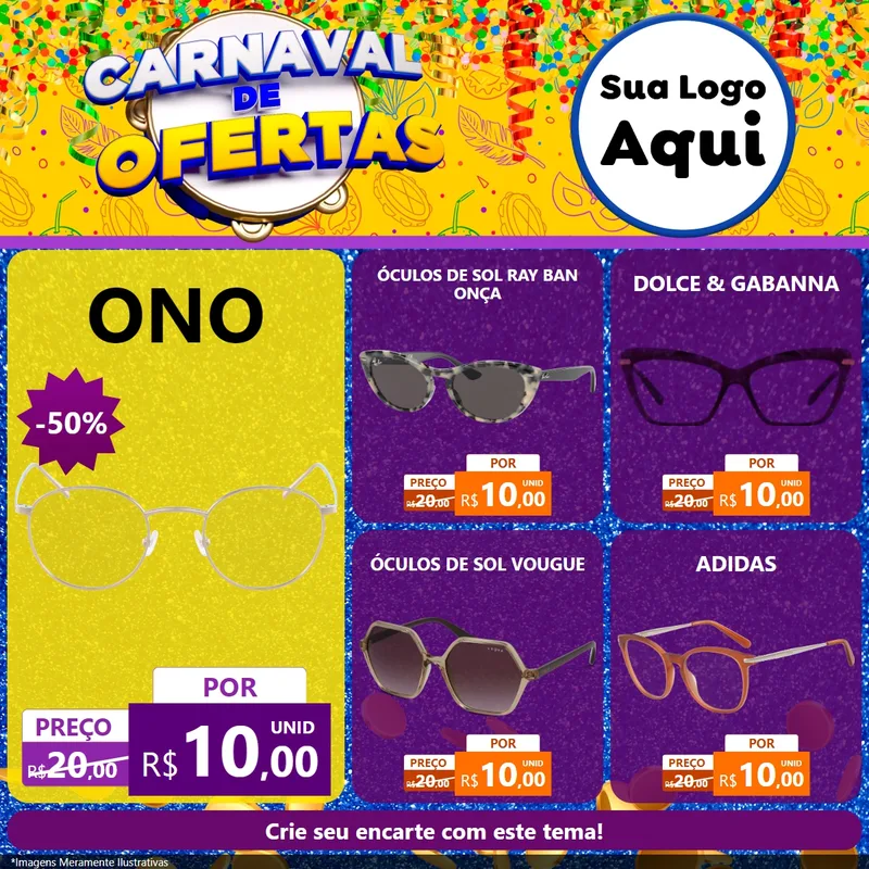 Modelo de Rede Social para Feed Facebook com o tema Carnaval de Ofertas para Óticas