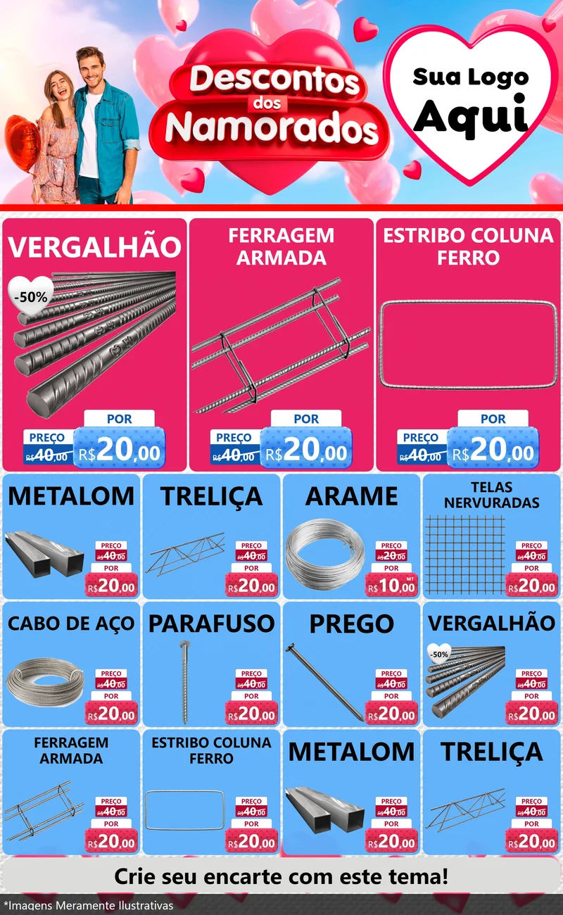 Modelo de Encarte para Encarte Grande com o tema Descontos dos Namorados para Ferragens