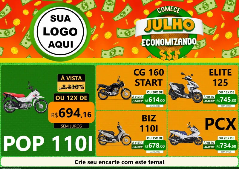 Modelo de Encarte para Encarte A4 Horizontal com o tema Comece Julho Economizando para Concessionaria de Motos