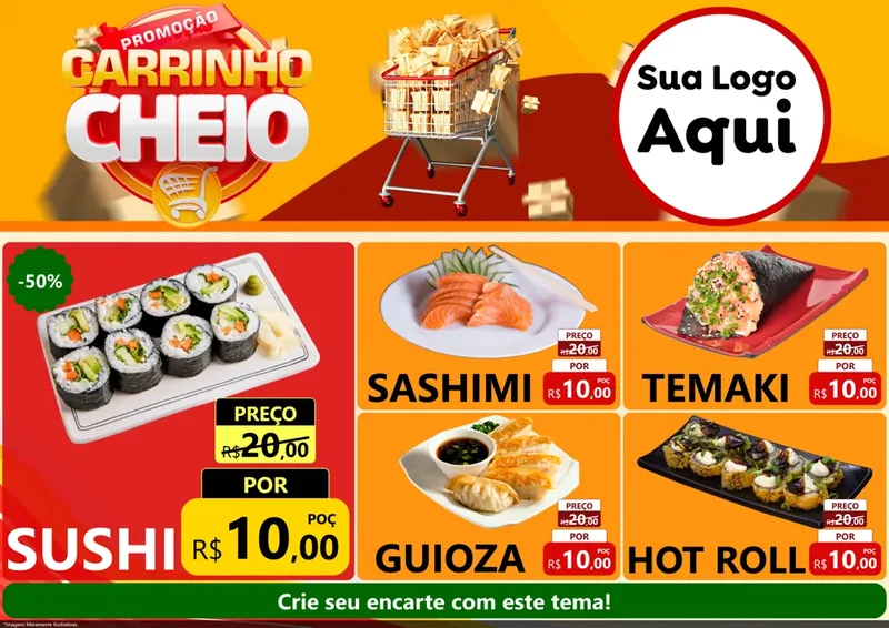 Modelo de Encarte para Encarte A4 Horizontal com o tema Promoção carrinho cheio para Comida japonesa