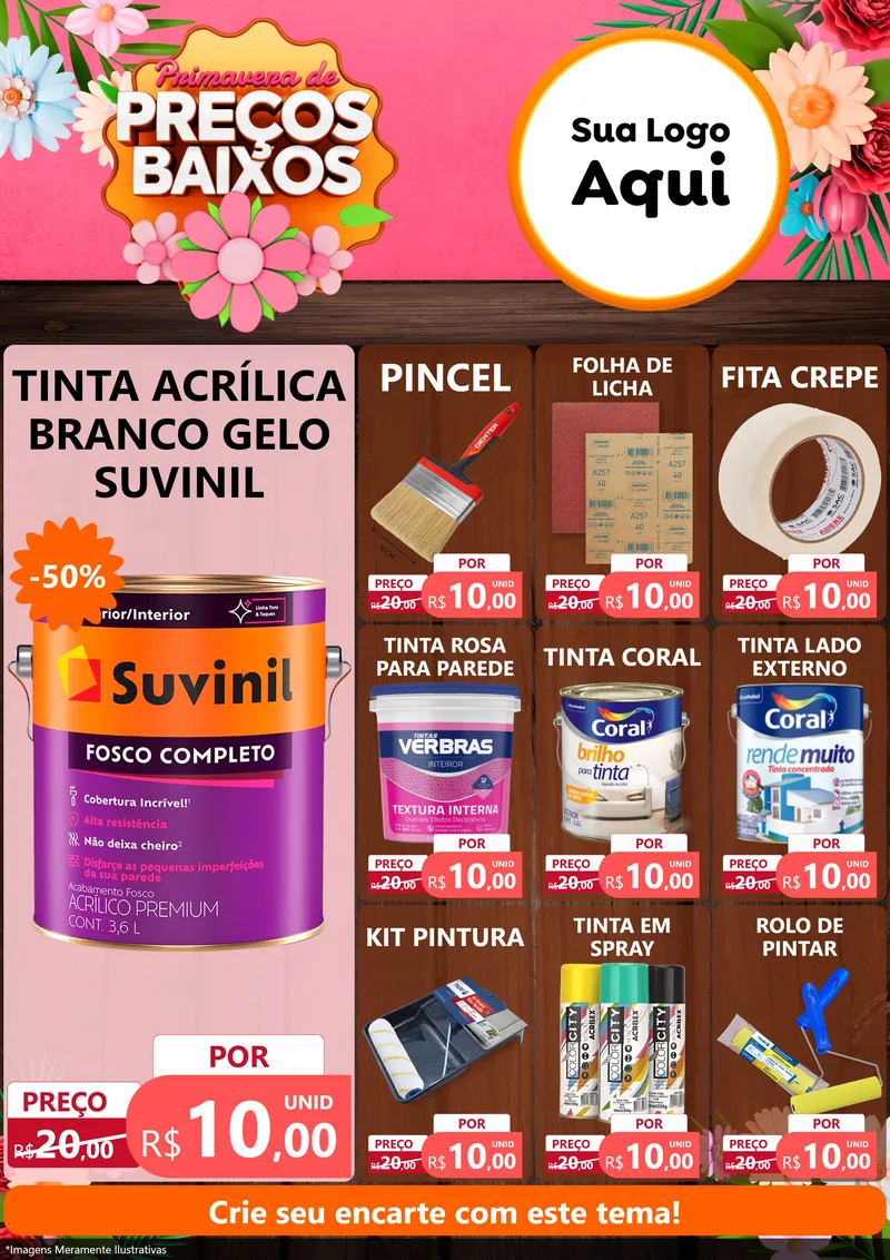 Modelo de Encarte para Encarte A4 Vertical com o tema Primavera de Preços Baixos para Tintas e Ferramentas