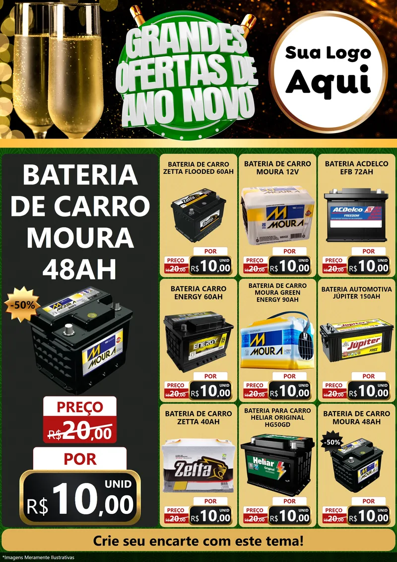 Modelo de Encarte para Encarte A4 Vertical com o tema Grandes Ofertas de Ano Novo para Baterias Elétricas