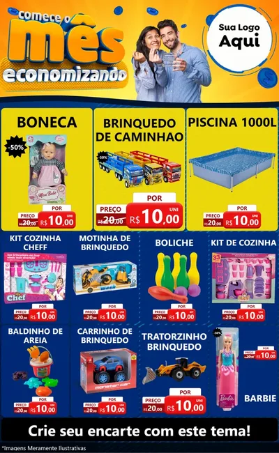 Modelo de Encarte para Encarte Grande com o tema Comece O Mês Economizando para Brinquedos
