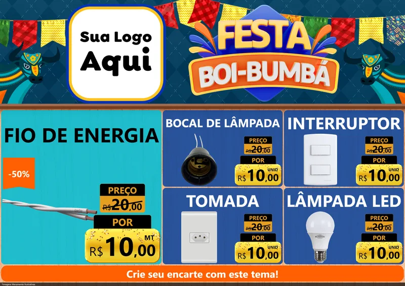 Modelo de Encarte para Encarte A4 Horizontal com o tema Festa Boi Bumbá para Materiais Elétricos