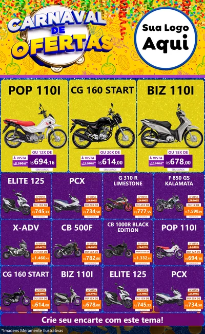 Modelo de Encarte para Encarte Grande com o tema Carnaval de Ofertas para Concessionaria de Motos