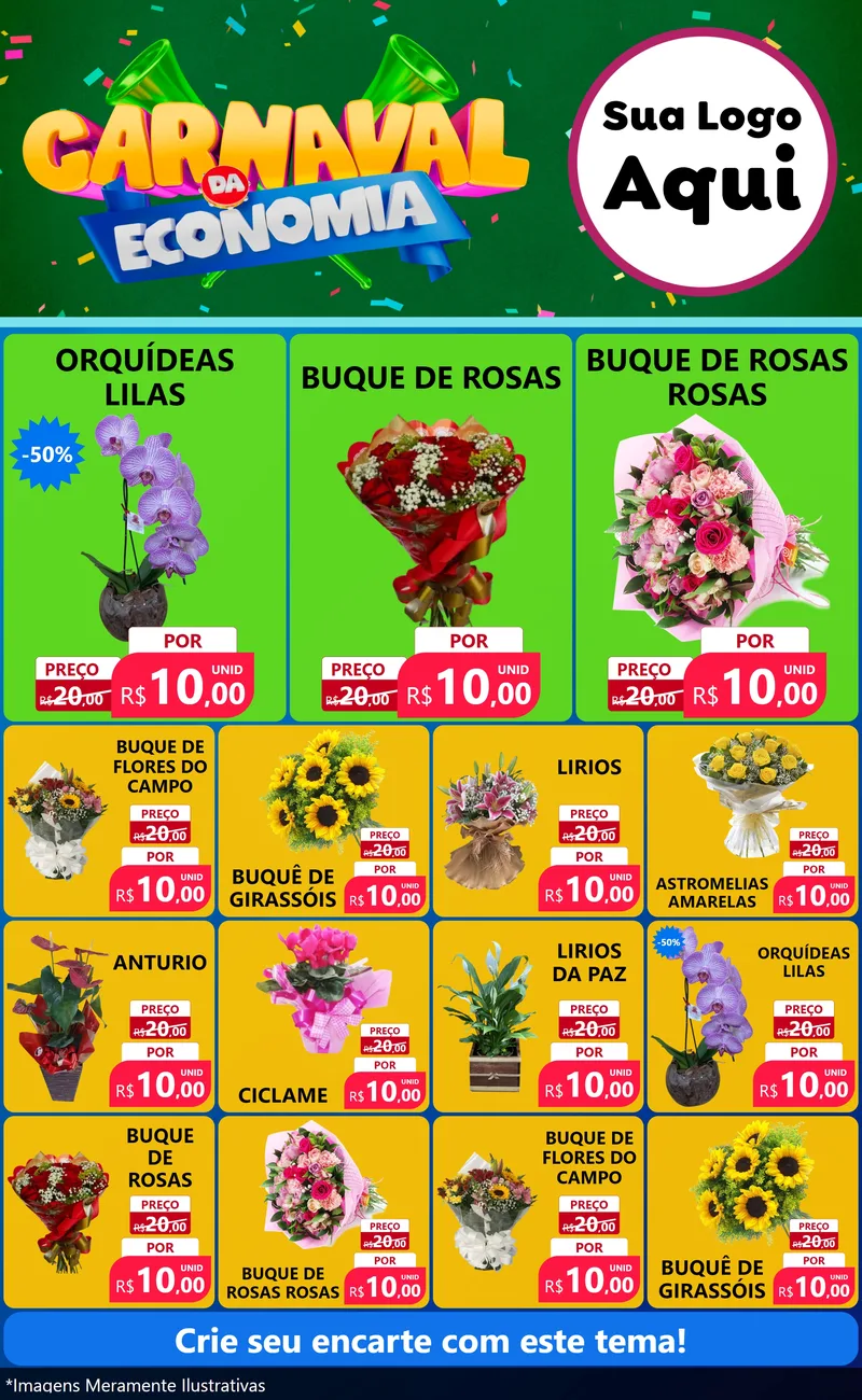 Modelo de Encarte para Encarte Grande com o tema Carnaval da Economia para Floricultura e jardim