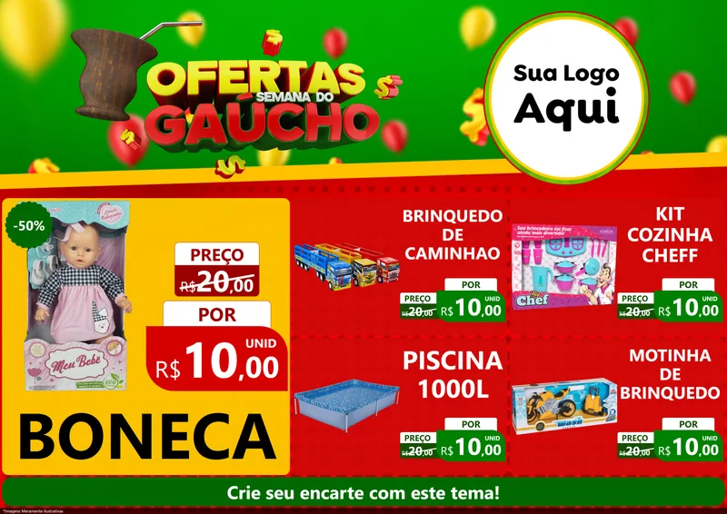 Modelo de Encarte para Encarte A4 Horizontal com o tema Ofertas Semana Do Gaúcho para Brinquedos