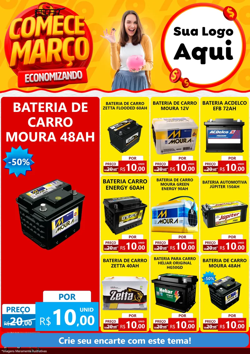 Modelo de Encarte para Encarte A4 Vertical com o tema Comece Março Economizando para Baterias Elétricas