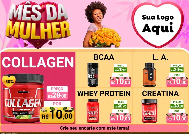 Modelo de Encarte para Encarte A4 Horizontal com o tema Mês da Mulher para Suplementos alimentares