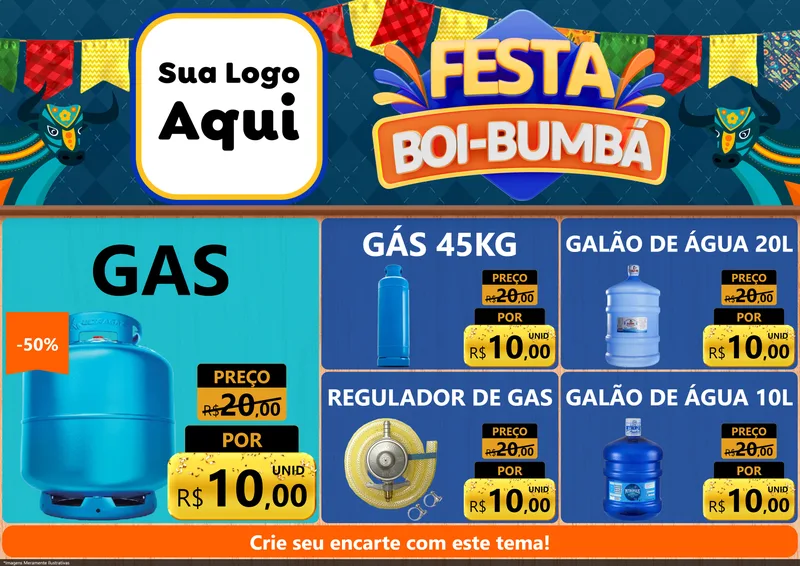 Modelo de Encarte para Encarte A4 Horizontal com o tema Festa Boi Bumbá para Água e gás