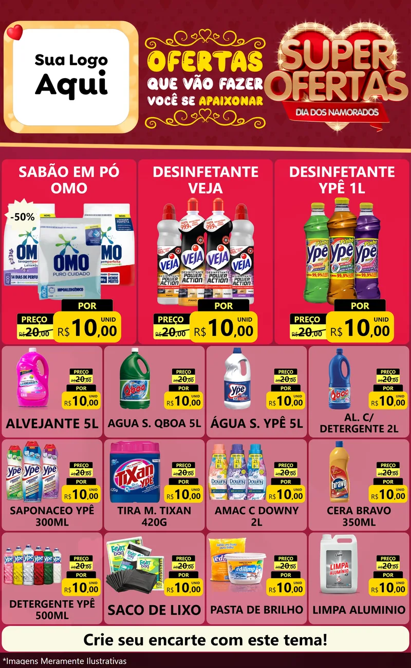 Modelo de Encarte para Encarte Grande com o tema Dia dos Namorados para Produtos de Limpeza