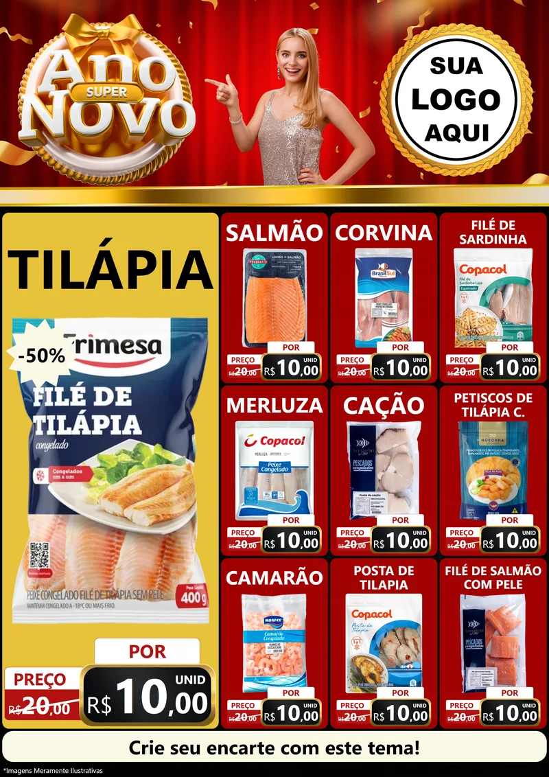 Modelo de Encarte para Encarte A4 Vertical com o tema Super Ano Novo para Peixaria