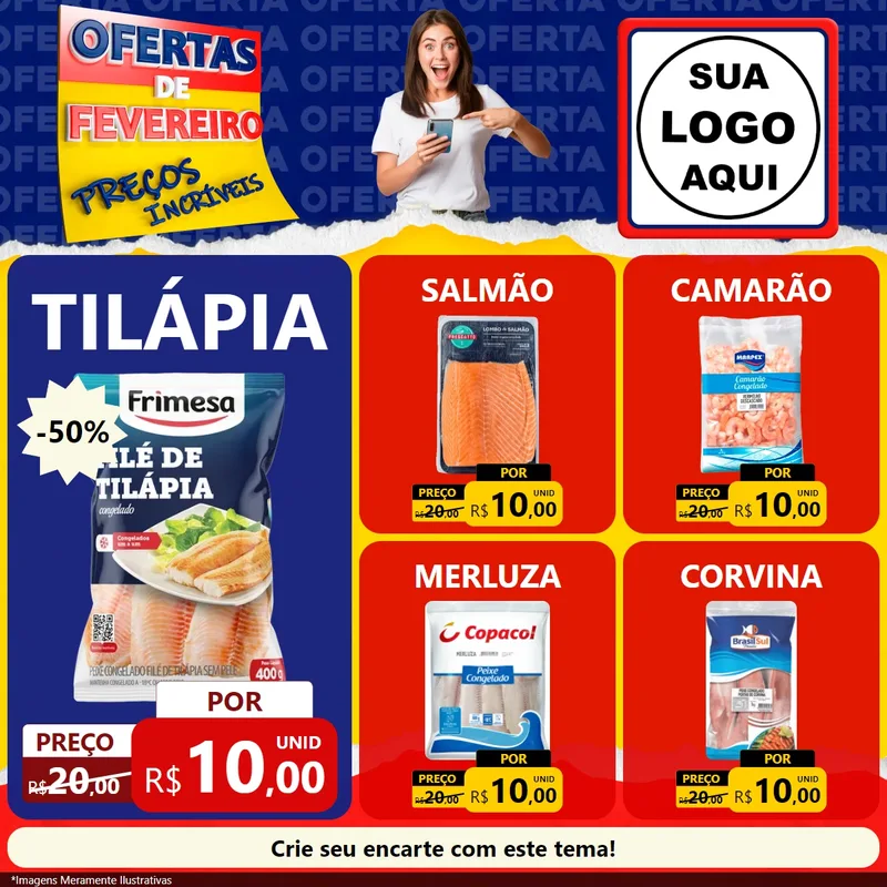 Modelo de Rede Social para Feed Facebook com o tema Ofertas de Fevereiro - Preços Incríveis para Peixaria