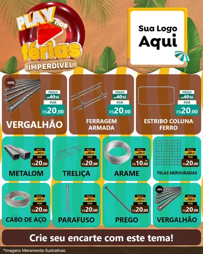 Modelo de Rede Social para Feed Instagram com o tema Play Nas Férias Imperdível para Ferragens