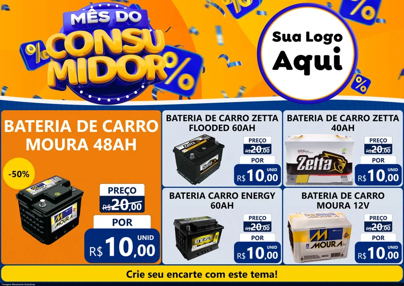 Modelo de Encarte para Encarte A4 Horizontal com o tema Mês do Consumidor para Baterias Elétricas