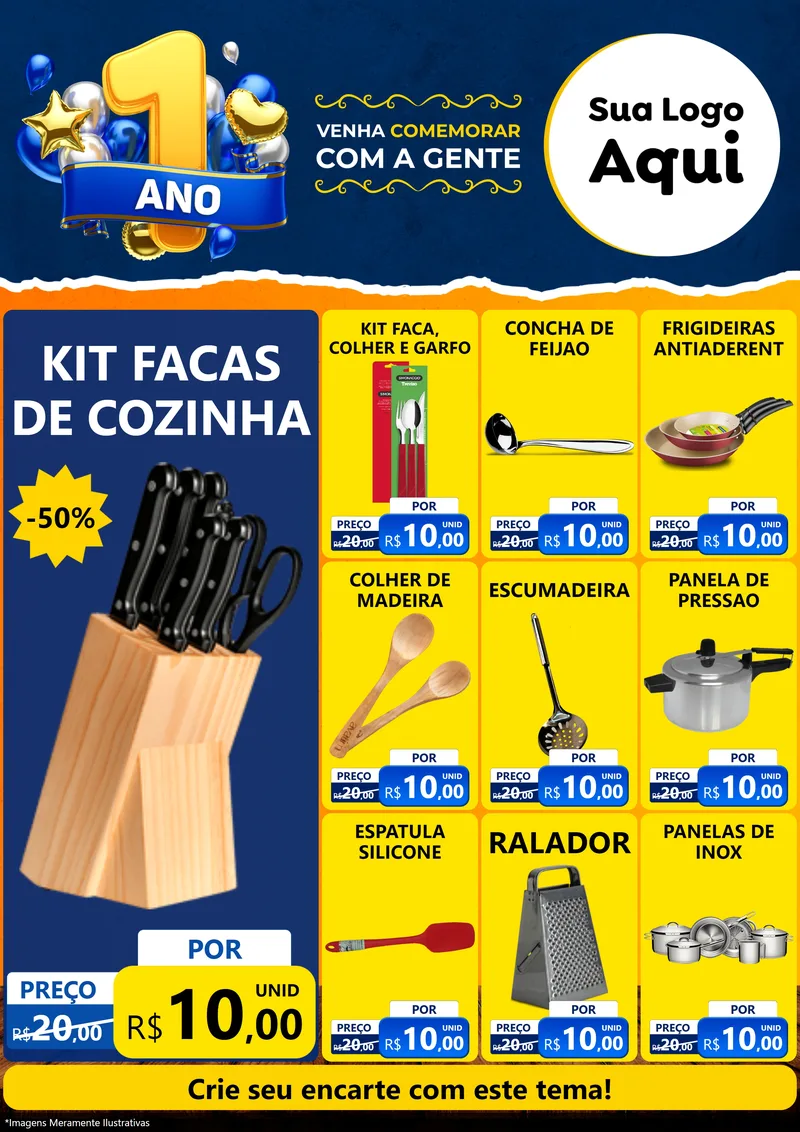 Modelo de Encarte para Encarte A4 Vertical com o tema Um Ano de Aniversário para Utilidades Domésticas