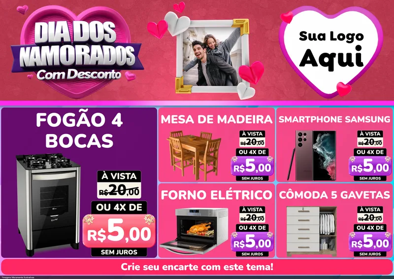 Modelo de Encarte para Encarte A4 Horizontal com o tema Dia Dos Namorados Com Desconto para Móveis e Eletro