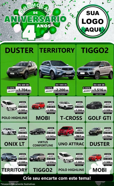Modelo de Encarte para Encarte Grande com o tema Promoção de Aniversário - 4 Anos para Concessionaria de Carros