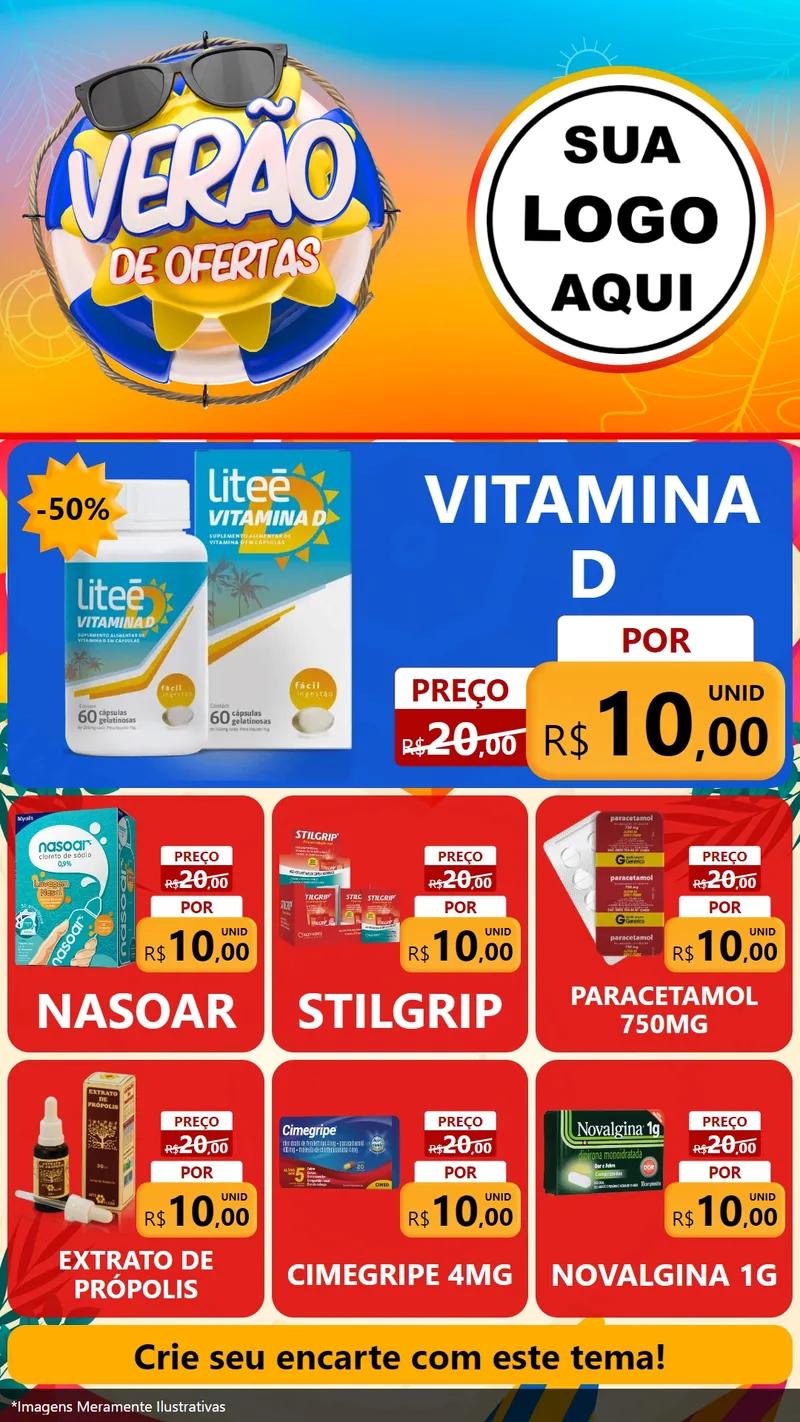 Modelo de Rede Social para Stories com o tema Verão de Ofertas para Farmácia