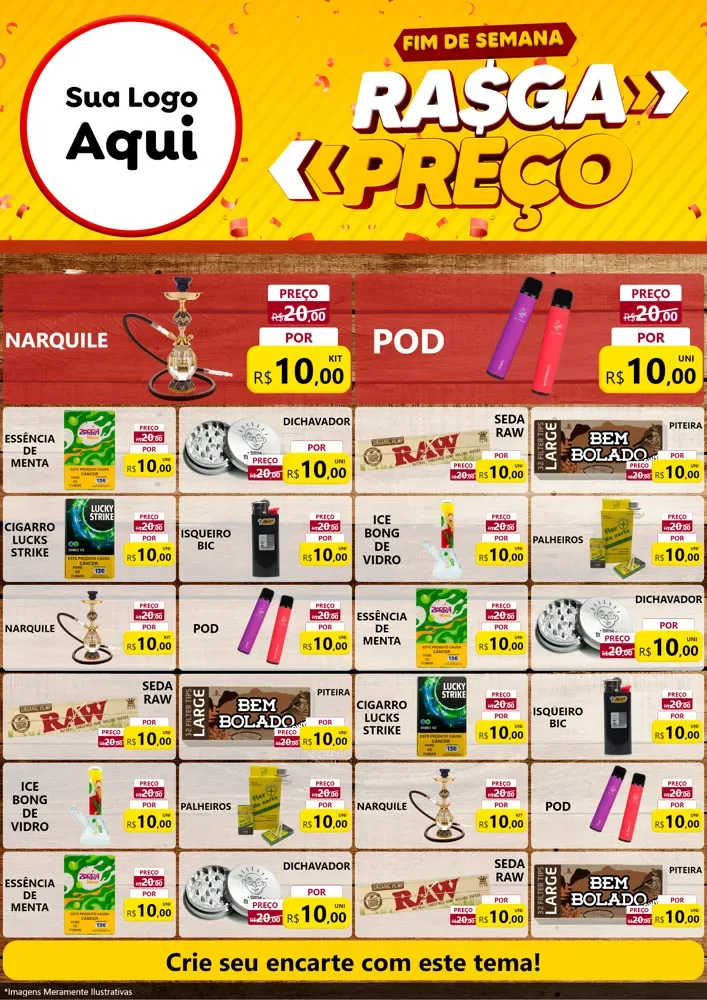 Modelo de Encarte para Encarte A4 Vertical com o tema Fim de Semana Rasga Preços para Tabacaria