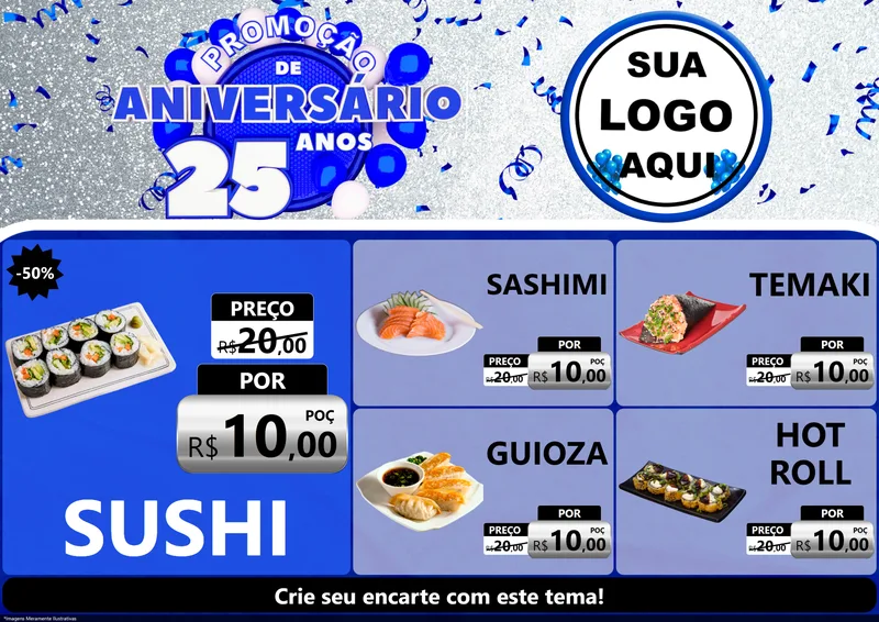 Modelo de Encarte para Encarte A4 Horizontal com o tema Promoção de Aniversário - 25 Anos para Comida japonesa