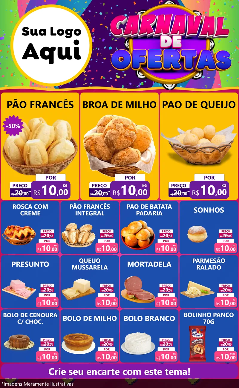 Modelo de Encarte para Encarte Grande com o tema Carnaval de Ofertas para Padaria