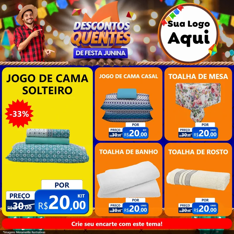 Modelo de Rede Social para Feed Facebook com o tema Descontos Quentes de Festa Junina para Cama, Mesa e Banho