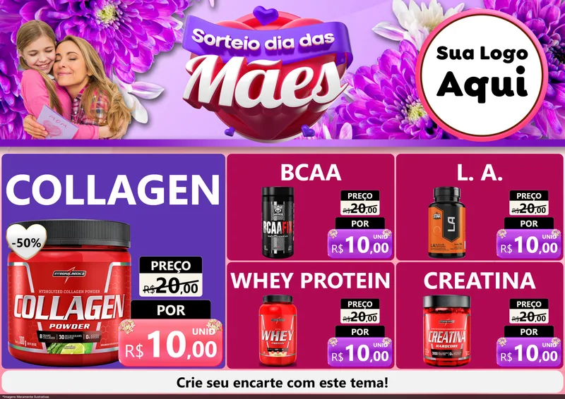 Modelo de Encarte para Encarte A4 Horizontal com o tema Sorteio Dia das Mães para Suplementos alimentares